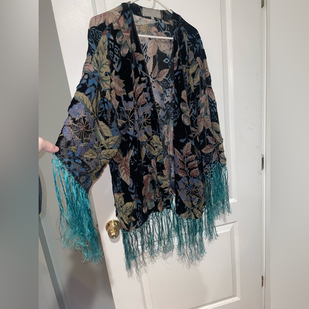 New! Double D Ranch Burnout Velvet Floral Kimono Cape Turquoise Fringe 🤠 Large - Picture 5 of 10
